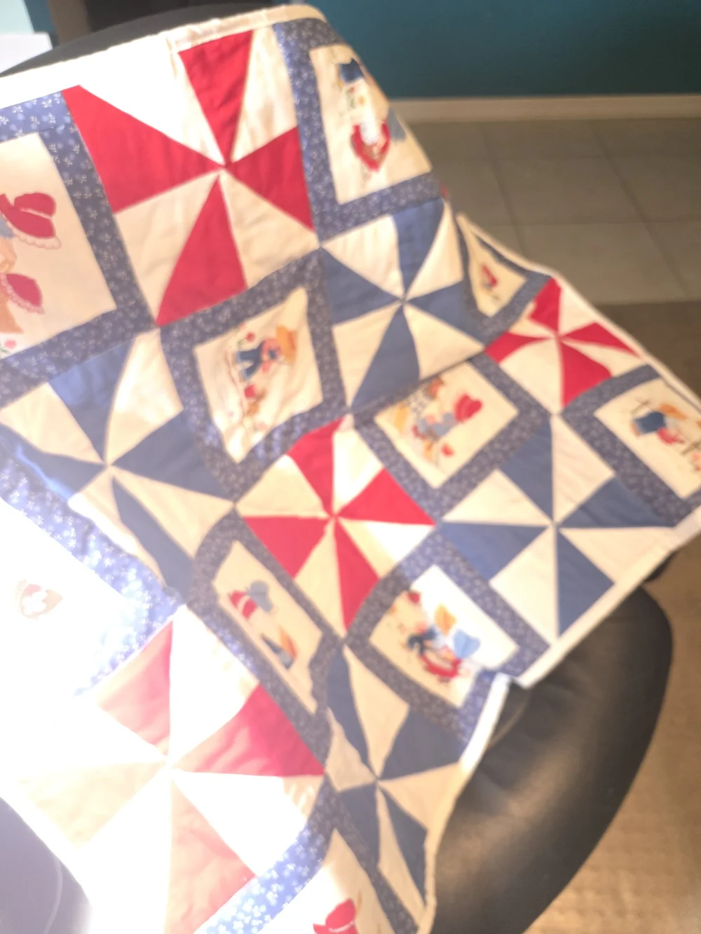 Handcrafted Cotton Patchwork Baby Quilt in Red, Blue & White